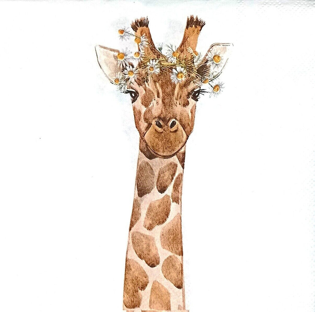 neck and head of a brown spotted giraffe with daisy Tiera  on white Decoupage napkins