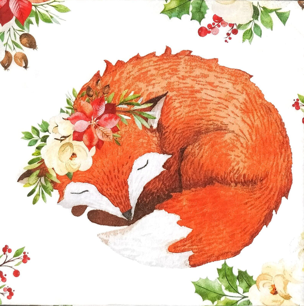 Red fox curled up sleeping with flower Tiera on white with holly springs and red berries Decoupage napkins 