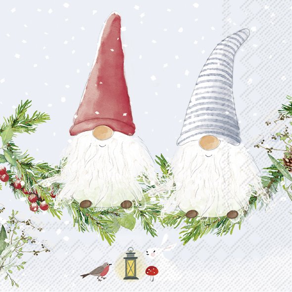 2 white bearded gnomes with red and gray and white hat sitting on holly and pine garland with lantern and robin in snow Decoupage napkins