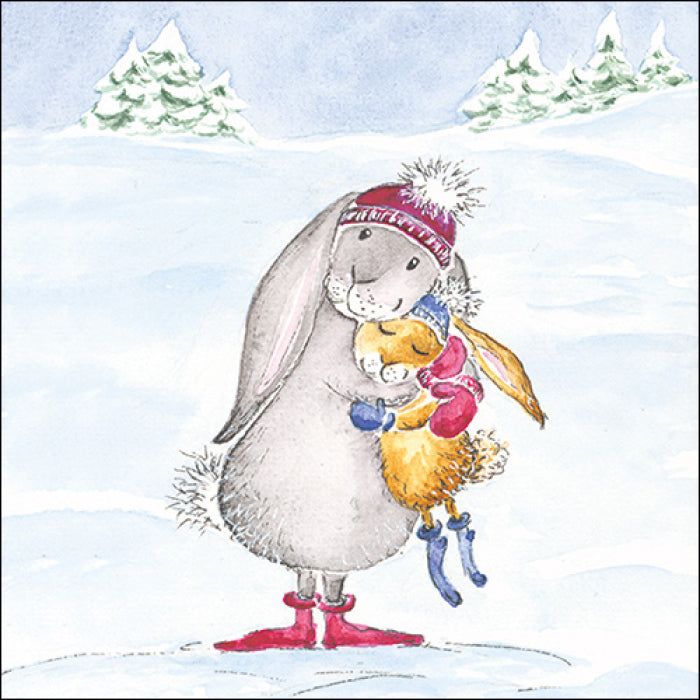 grey mouse in red socks and red cap holding gold bunny in white snow filed Decoupage napkins