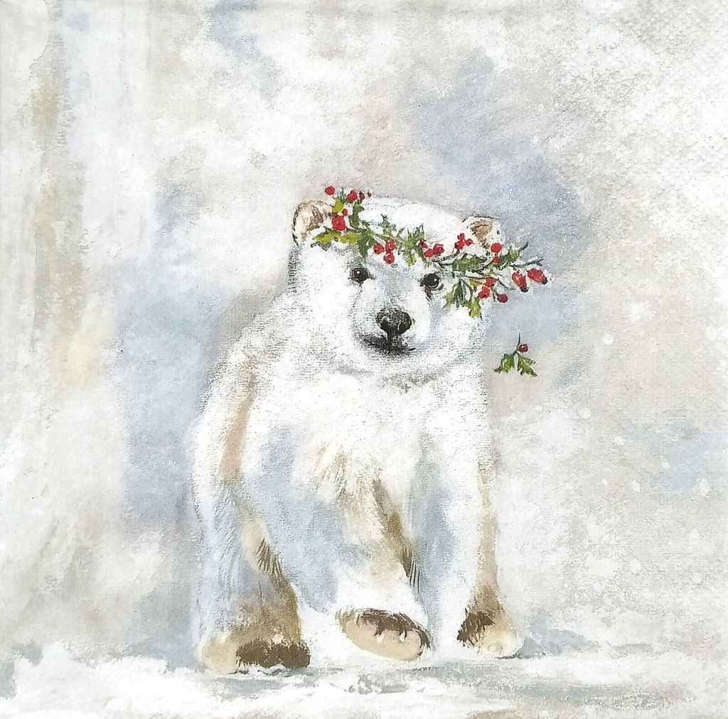 white polar bear with holly wreath tiara in white snow Decoupage napkins 