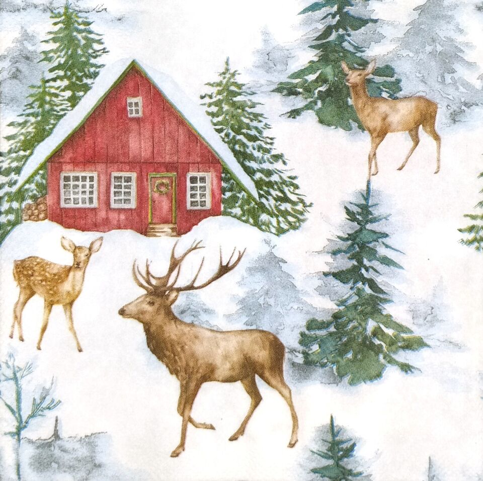 red house in winter landscape with white snow green evergreen trees and deer Decoupage napkins