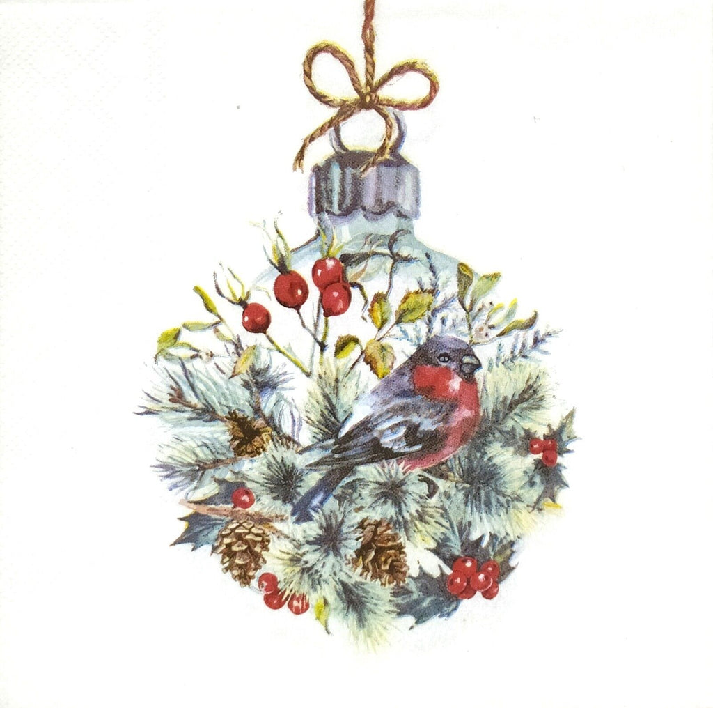 christmas ornament with red chested robin on pine sprig with red berries Decoupage napkins