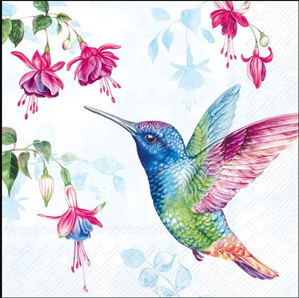 rainbow color hummingbird with pink blossoms on white Decoupage napkins