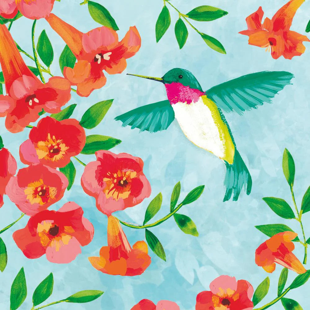 Aqua bird with orange and pink blossoms and green leaves on blue Decoupage napkins