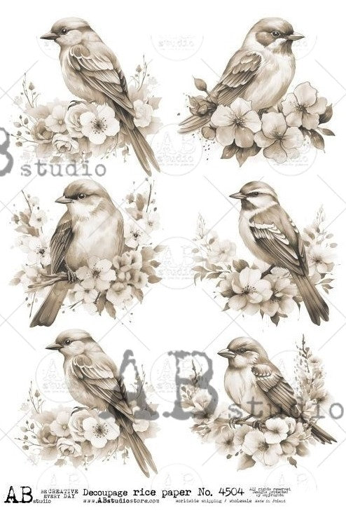 birds in gray and white on white flower branches AB Studio Rice Papers