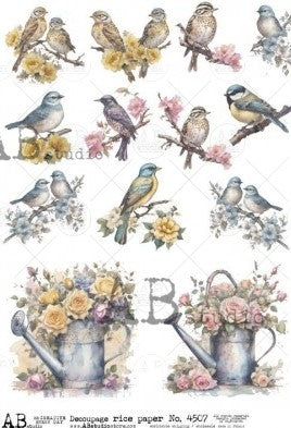 birds on branches with yellow flowers and watering cans AB Studio Rice Papers