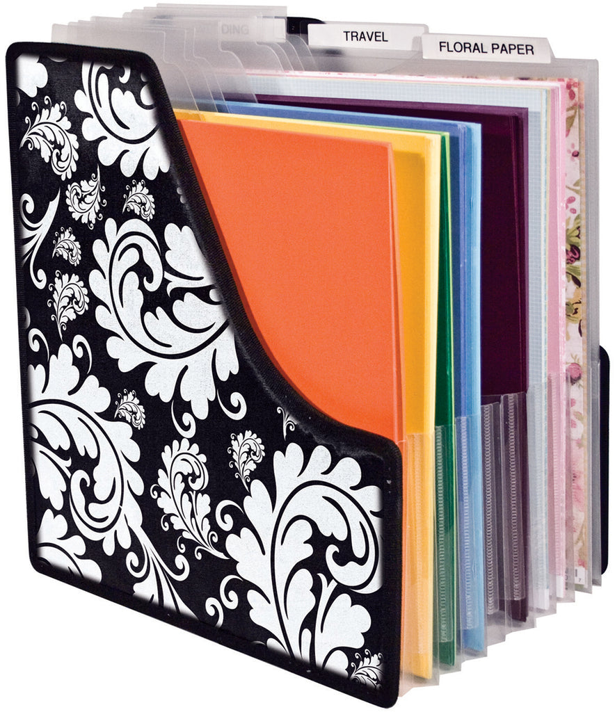 Black and white Expandable Paper Holder for 12x12 Cardstock Features: Made from a polypropylene material that is printed on the outside and clear on the inside. Expands to hold over 900 sheets of paper.