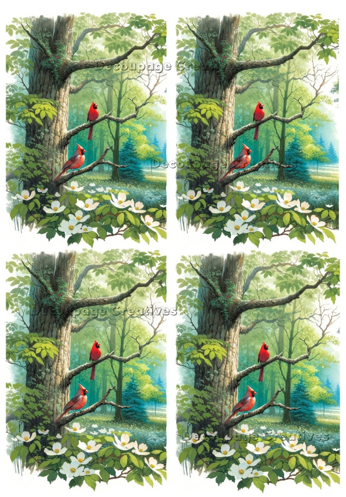 two red cardinals in the forest in the sunmer decoupage paper by Decoupage Creatives