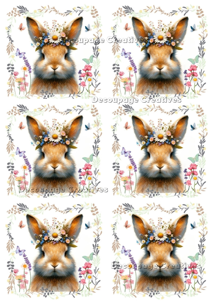 a brown rabbits head crowned with wildflowers decoupage paper by Decoupage Creatives