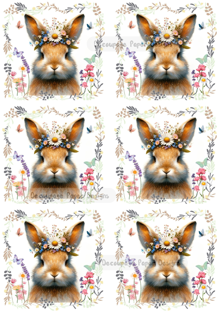 a brown rabbits head crowned with wildflowers decoupage paper by Decoupage Paper Designs