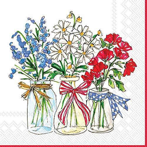 Image of 3 glass jars with bows and red, white blue patriotic flowers.  Paper napkin for decoupage art.