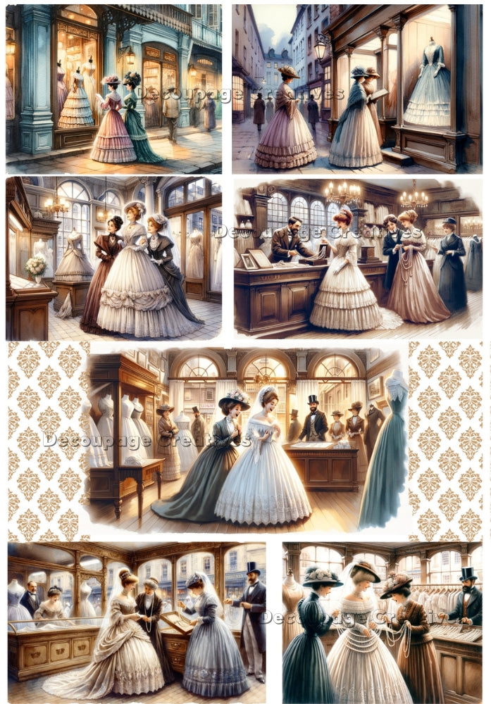 victorian ladies shopping for a wedding dress scenes in a vintage watercolor style decoupage paper by Decoupage Creatives