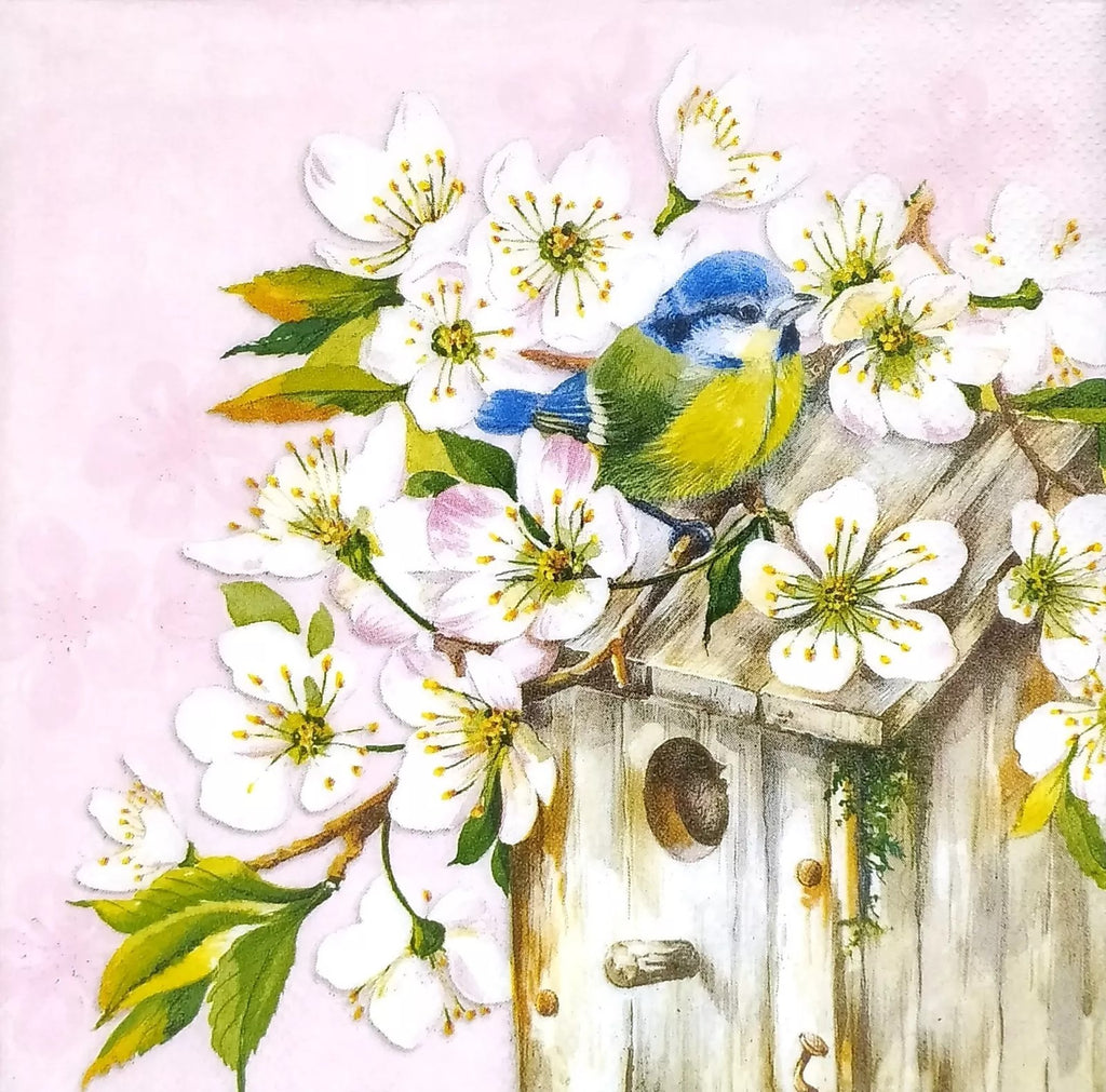 blue bird with yellow belly with pink and white blossoms on bird house   Decoupage Napkins