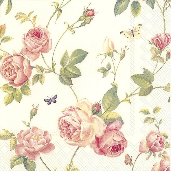 pink blossoms with butterflies on cream   Decoupage Napkins