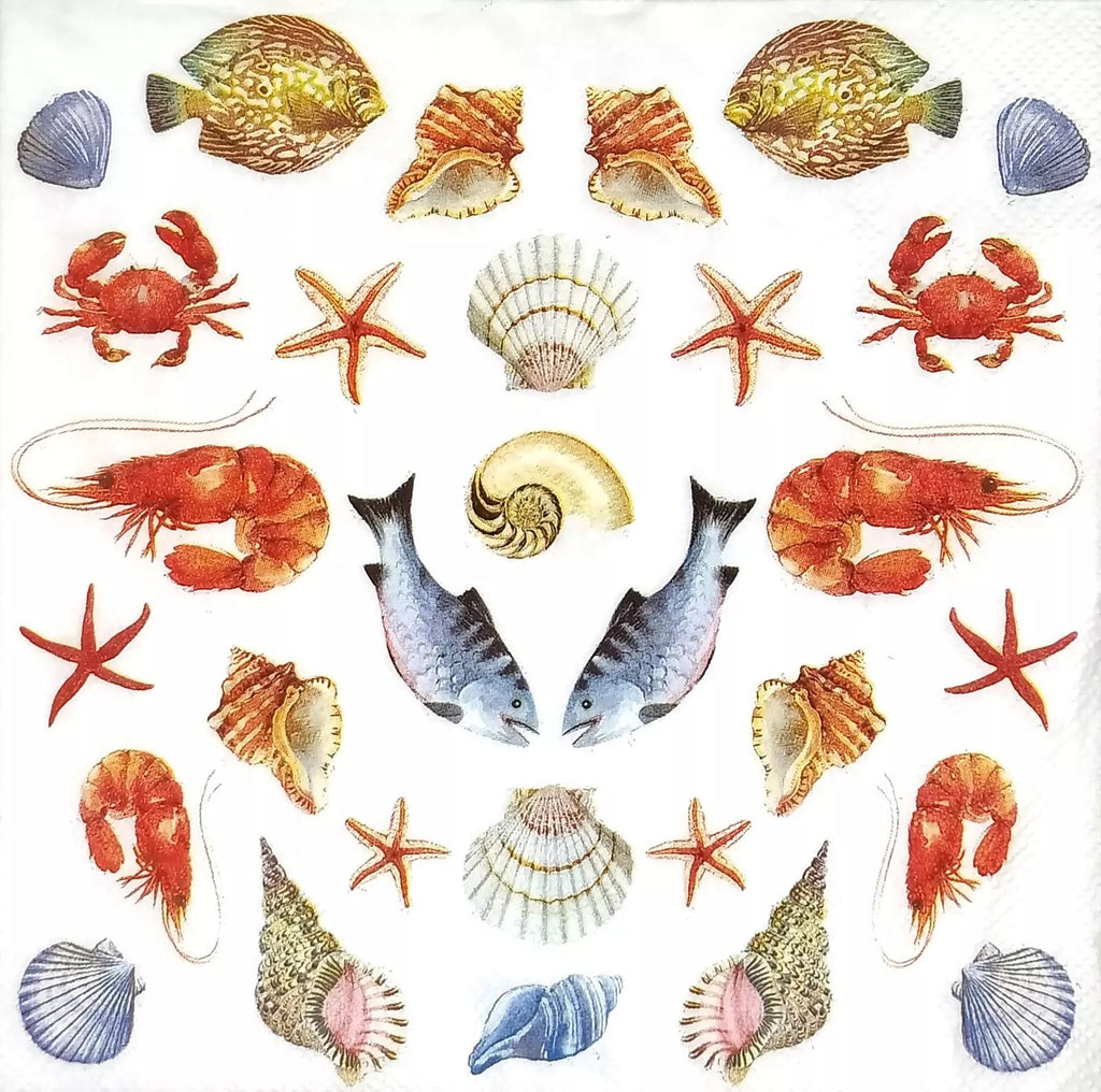 sea shells fish and orange pink shrimp with shells   Decoupage Napkins