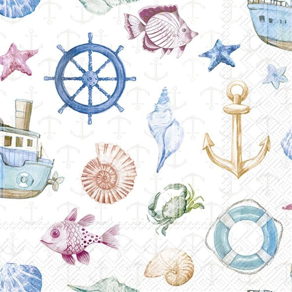 seashells and nautical symbols of  botats, steering wheel and anchors   Decoupage Napkins