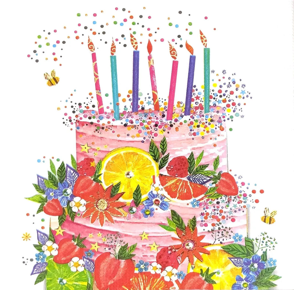 pink birthday cak with bees and yellow lemons and pink flowers with lit  sparkling candles   Decoupage Napkins