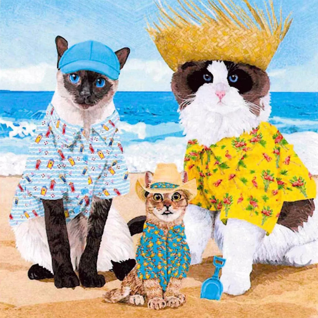 3 cats by the beach wearing beach clothes and hats  Decoupage Napkikns