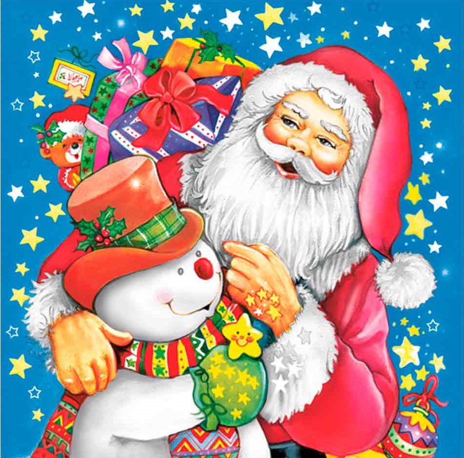 Santa with Present hugging a snowman on blue with gold stars Decoupage Napkins