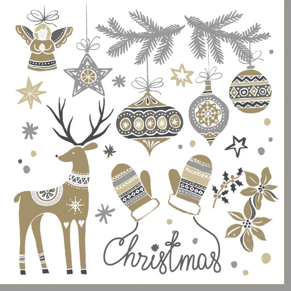 christmas baubles in gold and black gold deer and gold and black mittens the the string spelling Christmas  Decoupage Napkins