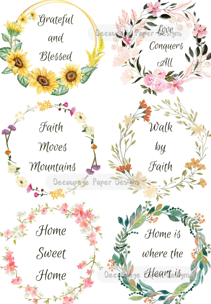 grateful sayings in beautiful circular wreaths decoupage paper by Decoupage Paper Designs