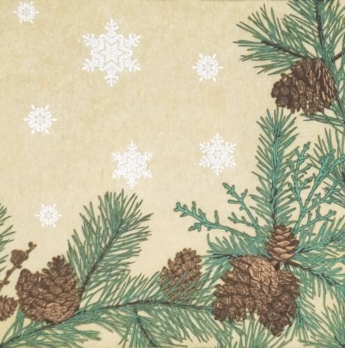 pine sprigs with cones on gold with white snowflakes Decoupage Napkins