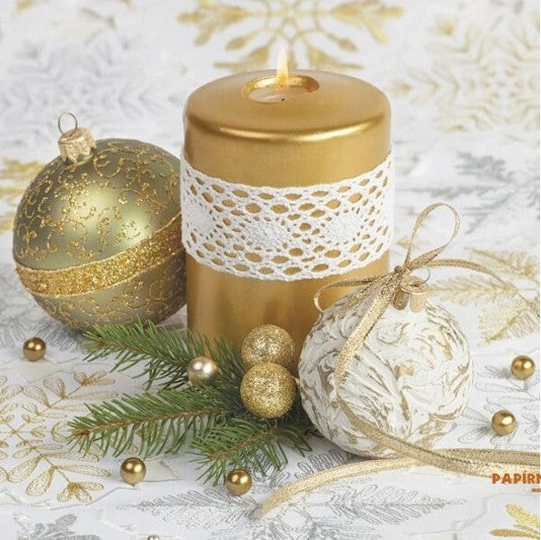 Gold candles with gold christmas bauble with white lace Decoupage Napkins