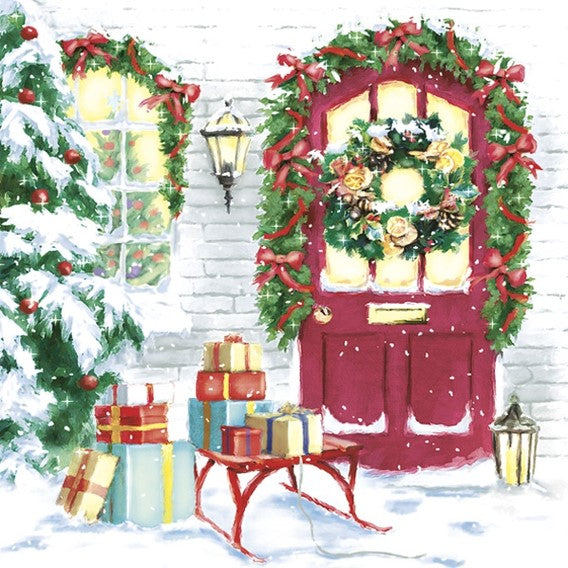 red house door decorated for Christmas  with red sled holding christmas presents  Decoupage Napkins