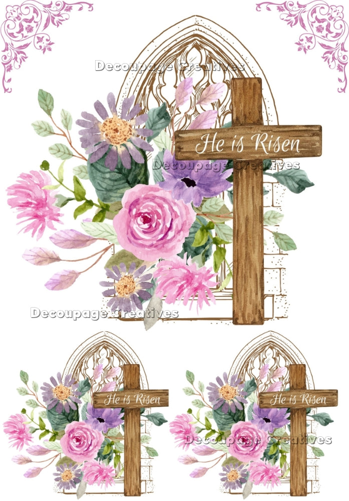 pink roses in a stained glass window with a cross that says He is Risen decoupage paper by Decoupage Creatives