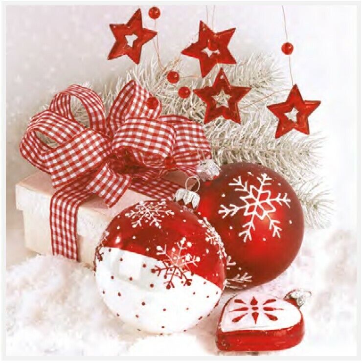 red and white Christmas baubles with white presents with red stars and red and white gingham ribbon Decoupage Napkins