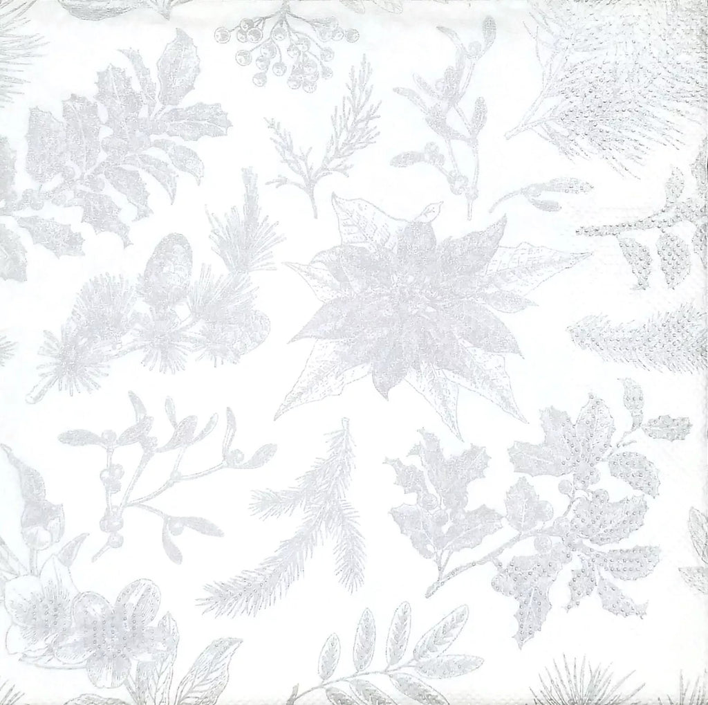 silver leaves and poinsettia patterns on whtie Decoupage Napkins