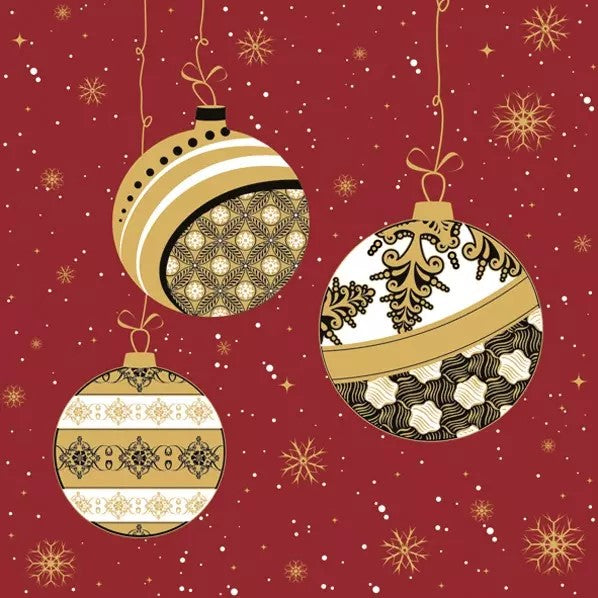 gold and white Christmas ornaments baubles with gold designss on red Decoupage Napkins