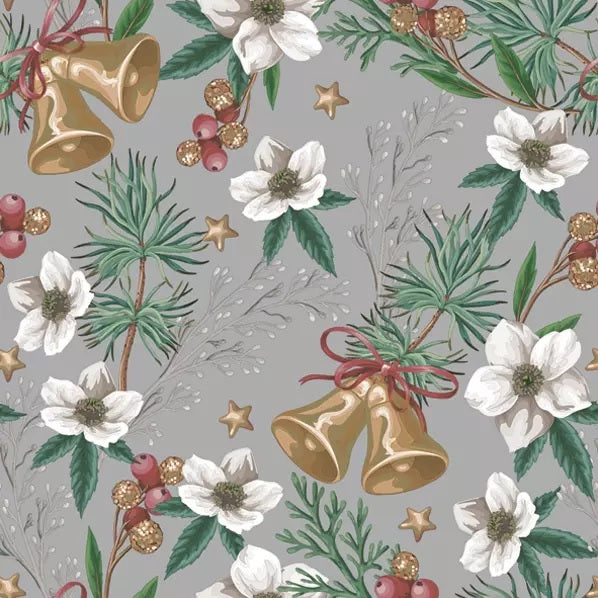 Gold bells with sliver and white blossoms on pine sprigs on gray  Decoupage Napkins