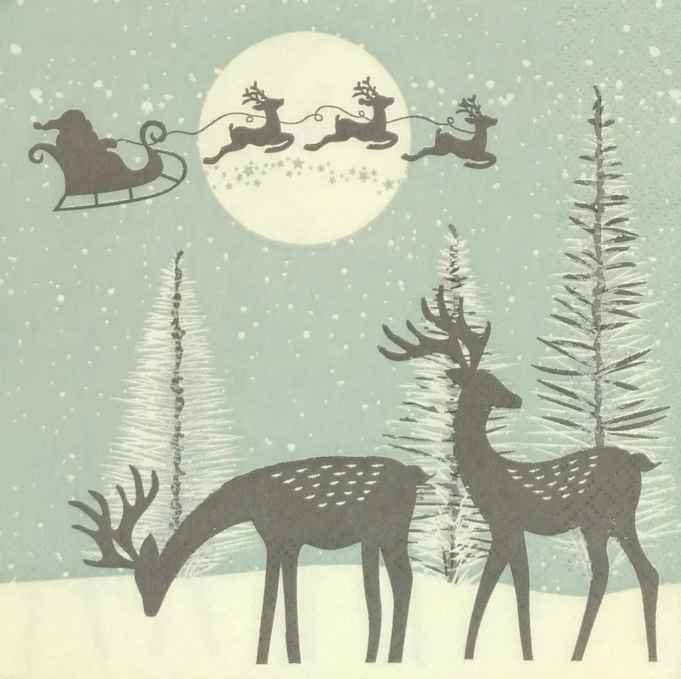 Silhouette  of  Sant flying over the moon on dutst blue with brown deer and trees in snow  Decoupage Napkins