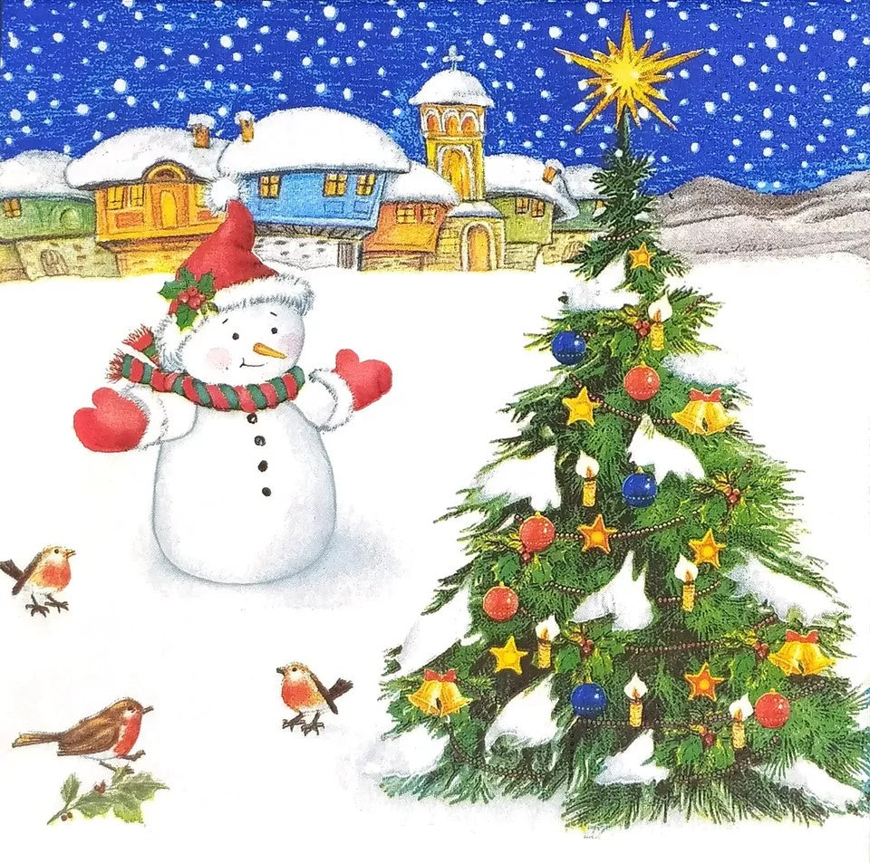 white snowman with red hat by christmas tree with red robbins by town at night Decoupage Napkins