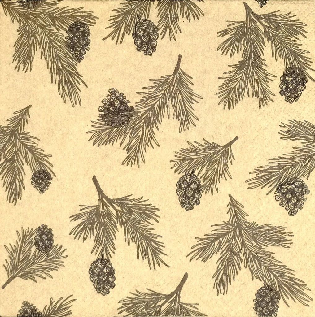 brown pine sprigs and cones on gold