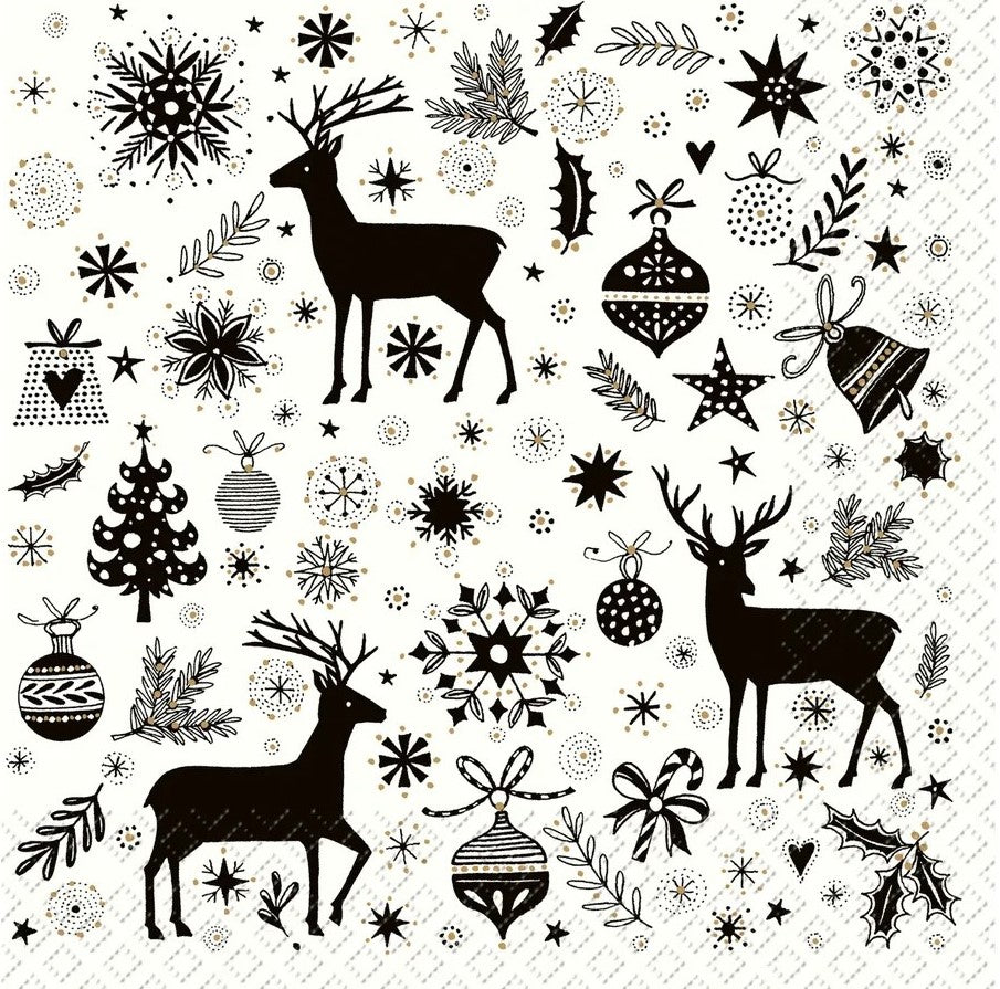 black christmas elements of stags, baubles, snowflakes mistletoe on white Decoupage Napkins