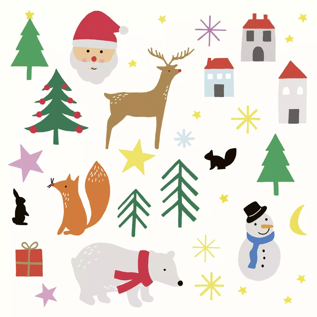 christmas elements santa head, houses, green trees black rabbit, snowman polar bear brown stag on white  Decoupage Napkins