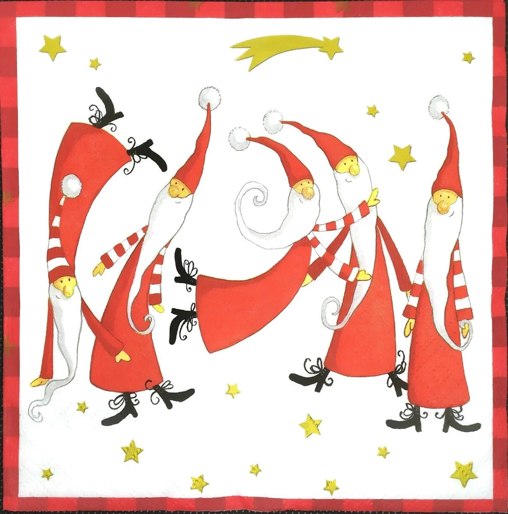 happy skinny elfs with red dresses and red hats on white with gold stars Decoupage Napkins