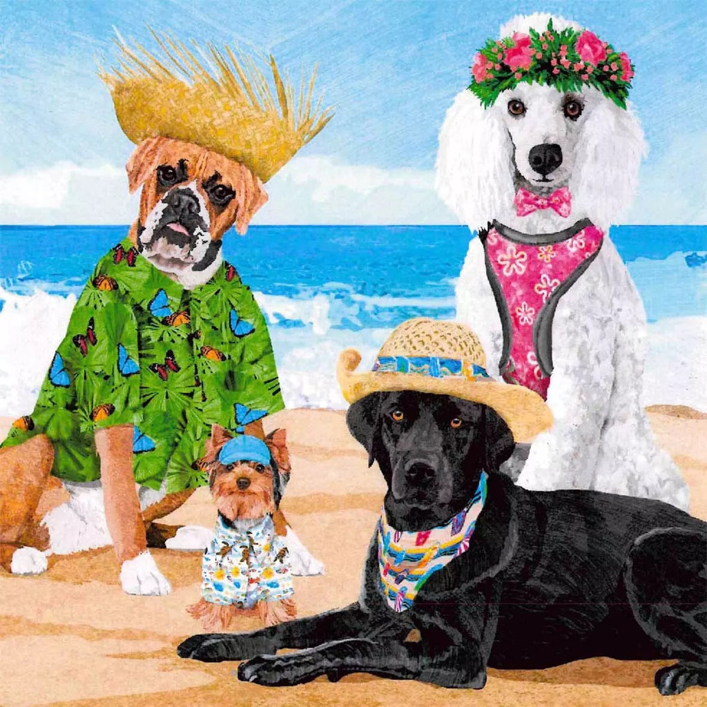 four dogs dress in beach clothes at the yellow beach with blue ocean background  Decoupage Napkins