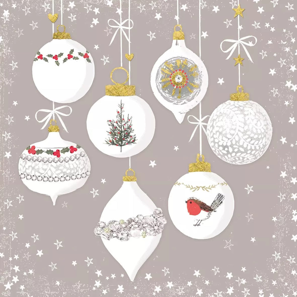 white christmas ornaments with gold tops and red and gold decorations of birds tree and stars on gray Decoupage Napkins