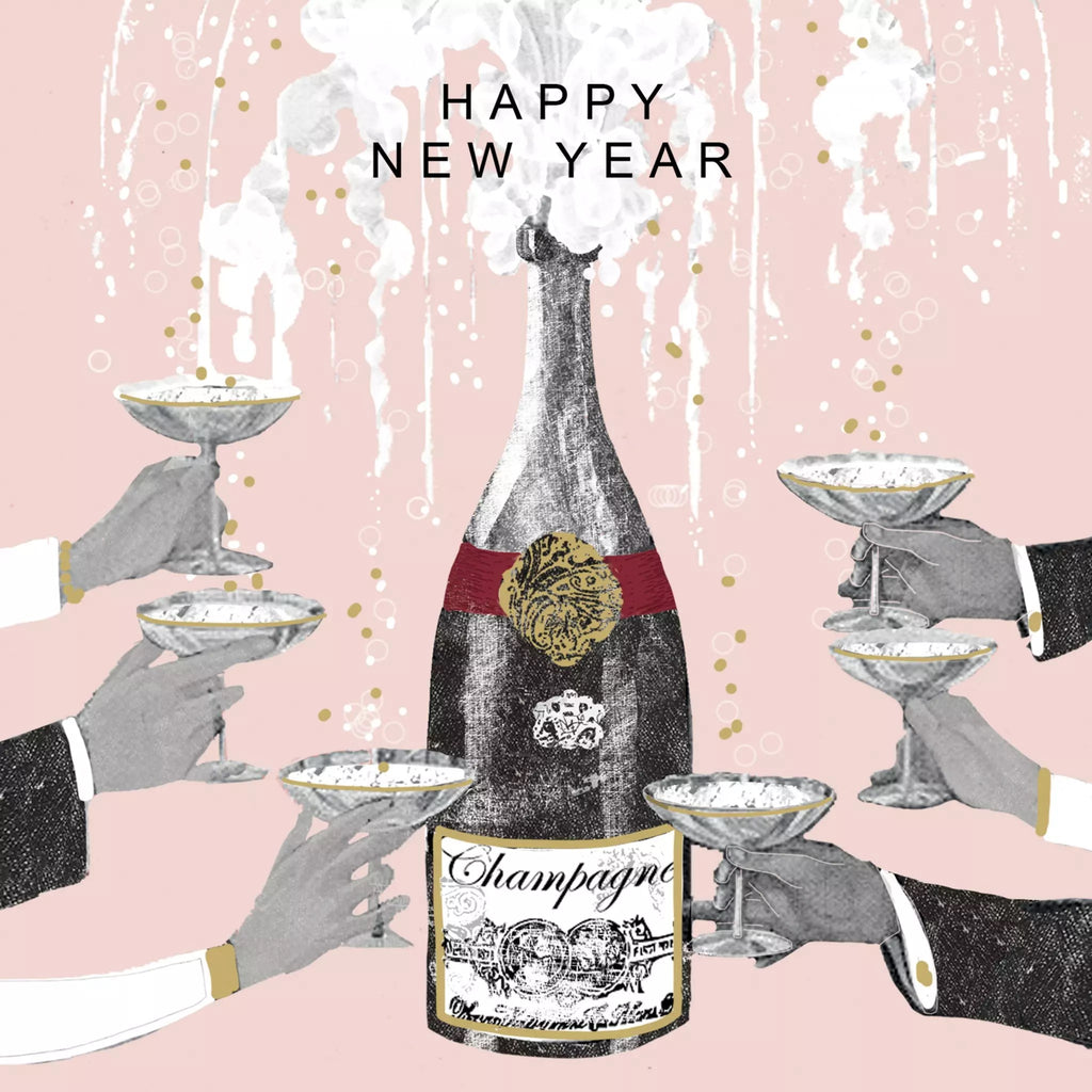 hands holding champagne glass in a toast around a large champagne bottle with Happy new Year in black on pink Decoupage Napkins 