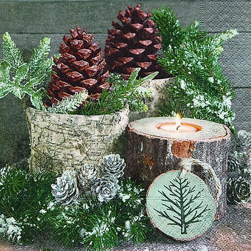 candles in cut tree branches with pine cones on gray plank Decoupage Napkins