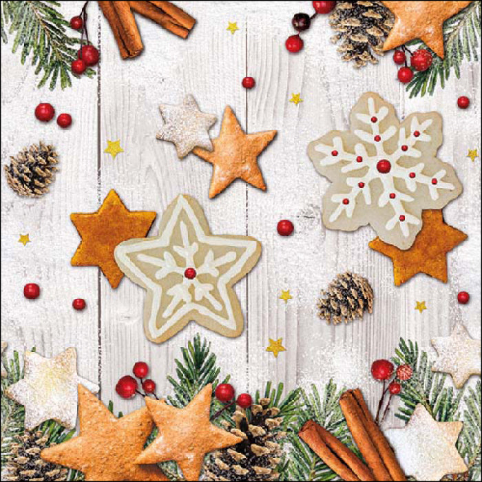 christma cookies and cinnamon sticks with pinet twigs and cones on white plank Decoupage Napkins