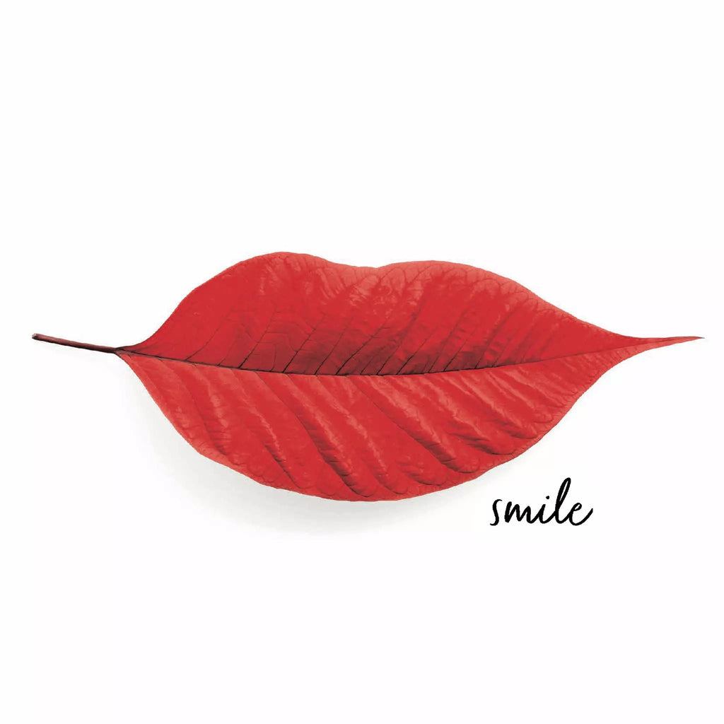 red leaf in shape of lips with the word smile in black on white Decoupage Napkins