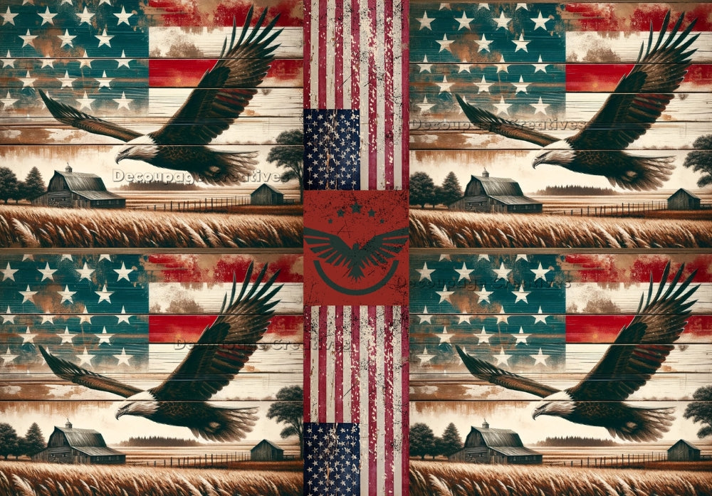 bald eagle flying over a farm on a background of American Flag Decoupage Creatives Rice Paper