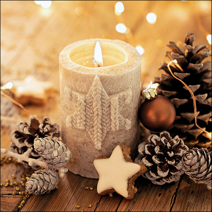 white candle with star gingerbread cookie and pinecones Decoupage Napkins
