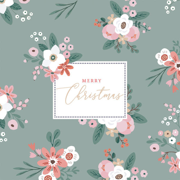 white and pink flowers with white Merry Christmas Card in gold and red on green Decoupage Napkins