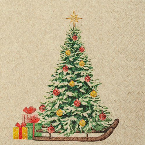 green christmas tree on brown sled with christmas present on cream Decoupage Napkins